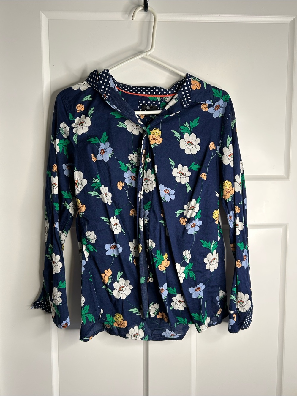 Talbots Women’s Size Large Petite Long Sleeve Blouse Navy Floral Preppy 2723